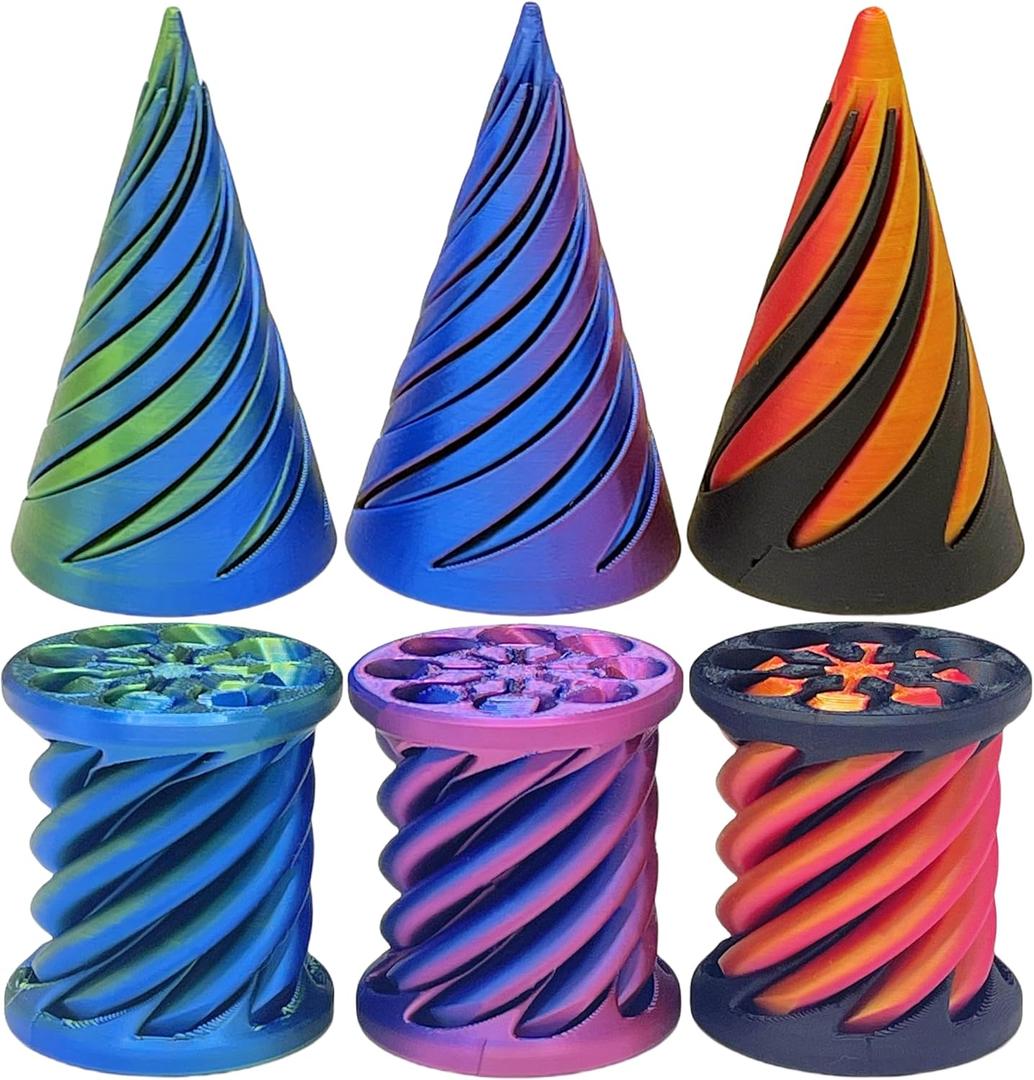 6Pcs Impossible Cone & Spiral Fidget Toy, 3D Printed Spiral Cone & Pyramid Passthrough Sculpture Toy for Adults (Conical + Cylindrical) (Orange & Green & Purple)