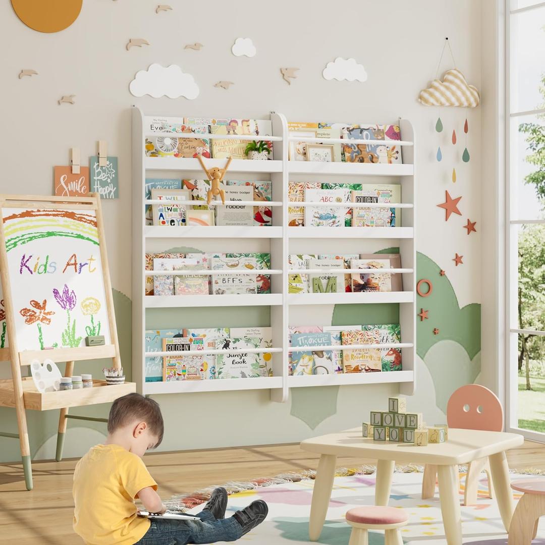 FOTOSOK Kids Bookshelf Set of 2, Wall Mount 4-Tier Book Shelf Organizer for Toys and Books, Toy Storage Bookshelf in Playroom, Kids Room and Nursery, White