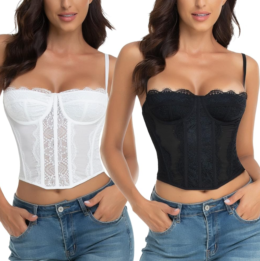 Lace Bustier Corset Tops for Women - Sexy Going Out Party Club Top with Buckle, L