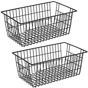 Slideep Farmhouse Large Wire Organizer Storage Bins Freezer Food Storage Basket for Kitchen Cabinets, Office, Bathroom, Pantry Organization Storage Bins Rack with Handles, 2 Pack, Black (15.7"L x 9.5"W x 6.3"H)