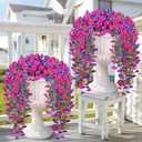 Artificial Hanging Flowers for Outdoors, 4 PCS 600 Blooms UV Resistant Morning Glory Faux Silk Vines, No-Odor Realistic Fake Plants for Garden Planter Porch Patio Decoration, Fuchsia & LightPurple