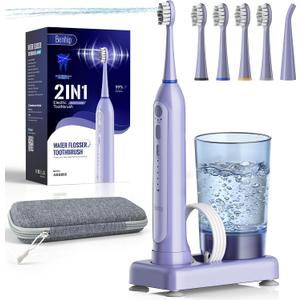 Electric Toothbrush with Water Flosser Combo for Teeth Brushing & Flossing, Sonic Electric Toothbrush for Adults, Cordless Water Flosser for Home & Travel, Portable Travel Case Included