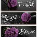 3 Pcs Purple Bathroom Decor Rose Wall Art Inspirational Flower Kitchen Sign Purple and Black Office Decor with Thankful Grateful Blessed Quotes for Women Bedroom(12x4 Inch)