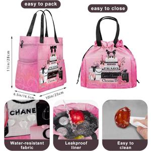 Fashion Lunch Bag for Women Pink Floral Reusable Drawstring Insulated Lunch Bag, Leakproof Stain-Resistant Large Capacity Tote Bags Grocery Shopping Bags for Work Picnic Travel