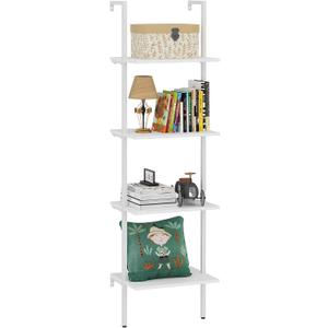 Ladder Shelf 4 Tiers Metal Industrial Bookshelf,White Wooden Tall Open Storage Rack and Display Shelves,Wall Mount Wide Bookcase for Home Office Bedroom,Small (1 PC 15.7IN)