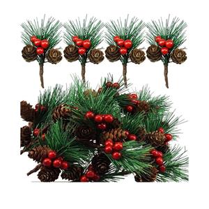 20 Pack Artificial Pine Picks Artificial Pine Cone Picks and Red Berry Mini Artificial Pine Tree for Christmas Party Flower Arrangements Wreaths and Holiday Decorations(C)