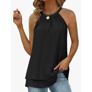 WEESO Womens Halter Tank Tops Summer High Neck Double Layers Sleeveless Tops M, Black