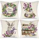 MODOVOS Easter Tulips Eggs Wreath Rabbit Throw Pillow Covers 18x18 Set of 4 Buuny Spring Farmhouse Cushion Case Decoration for Sofa Couch