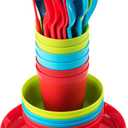 PLASKIDY Kids Plastic Dinnerware Set - 36 Pc Reusable Children's Dinner Set Microwave / Dishwasher Safe BPA Free Toddler Dishes Dinnerware Set Includes Kids Plates and Bowls Kids Cups & Flatware.