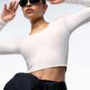 ENERBLOOM Womens Long Sleeve Shirts Workout Crop Tops Yoga Tee Built in Bra Mild Support Cream Feeling Athletic Top U-Neck Milk White X-Large