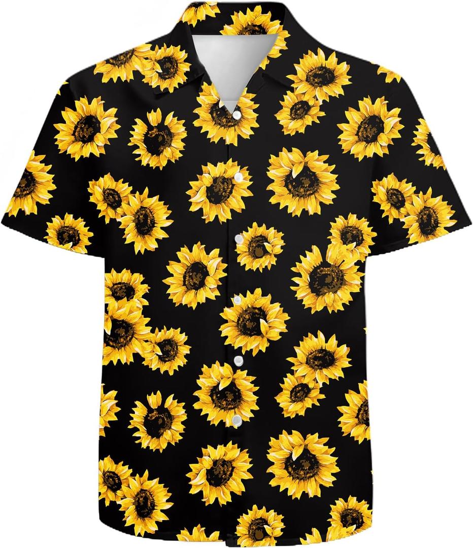 Mens Funny Hawaiian Shirts 3D Graphic Button Down Short Sleeve Tropical Holiday Beach Aloha Shirt (Large, Yellow Sunflower)