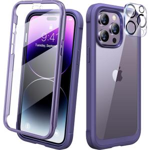 Diaclara Designed for iPhone 14 Pro Case 6.1, Full Body Rugged Protective Case+ Camera Lens Protector w/Built-in Touch Sensitive Anti-Scratch Screen Protector, Bumper (Royal Purple)