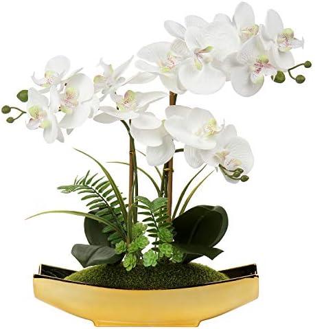 Briful Orchids Artificial Flowers 15" White Phalaenopsis Orchid with Gold Pots Real Touch Faux Orchid Flower for Home Office Bedroom Table Centerpiece Desk Decor