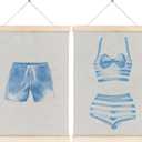 Blue Summer Beach Swimsuit Canvas Wall Art Poster, Beachy Room Decor, Preppy Coquette Bow Striped Coastal Wall Decor Prints for Girls Dorm Apartment Home, 12x16 Inches Set of 2