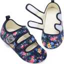 LeIsfIt Womens Slippers Adjustable Diabetic Slippers Wide Soft Arthritis Edema House Shoes Warm Fuzzy Slipper Socks with Rubber Sole (5.5-6.5, Navyflower)