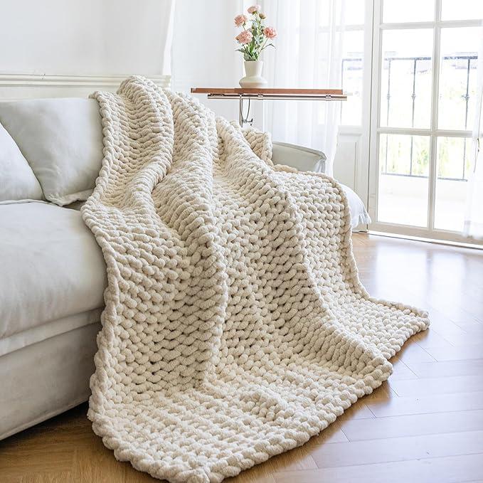 Chunky Knit Blanket - Luxury Soft Cozy 50 * 60 Throw Blanket,100% Woven Blanket Rope Knot Throw Blanket for Couch, Sofa, Home Decor, Gift - Machine Washable (Cream, 50 * 60)