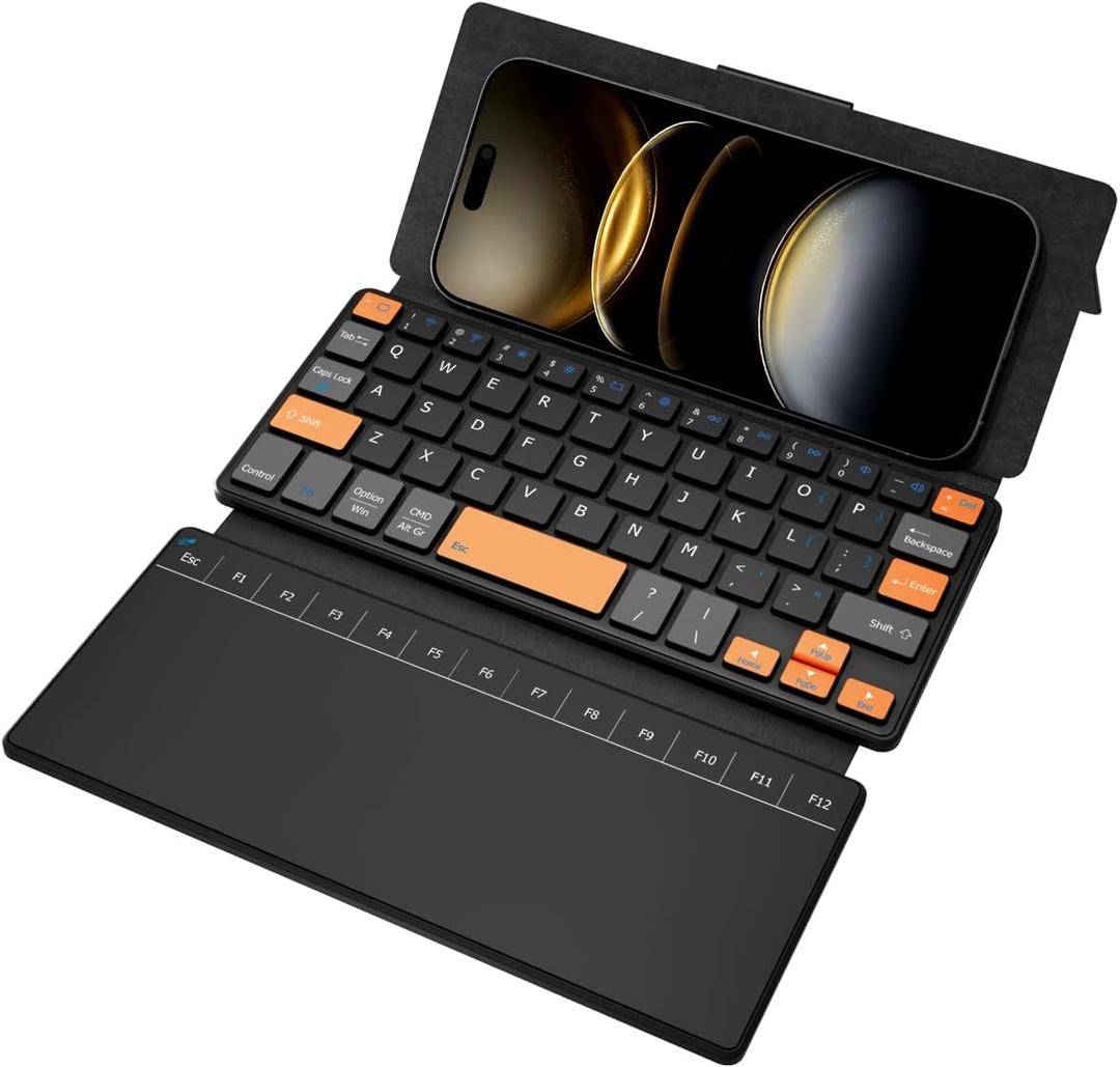 Doohoeek Travel Keyboard with Touchpad, Universal Compact Keyboard with Large Trackpad & Any-Angle Stand for Android/iOS/Windows, Dual-Device Bluetooth Keypad for Phones/Galaxy Z Fold/iPad mini