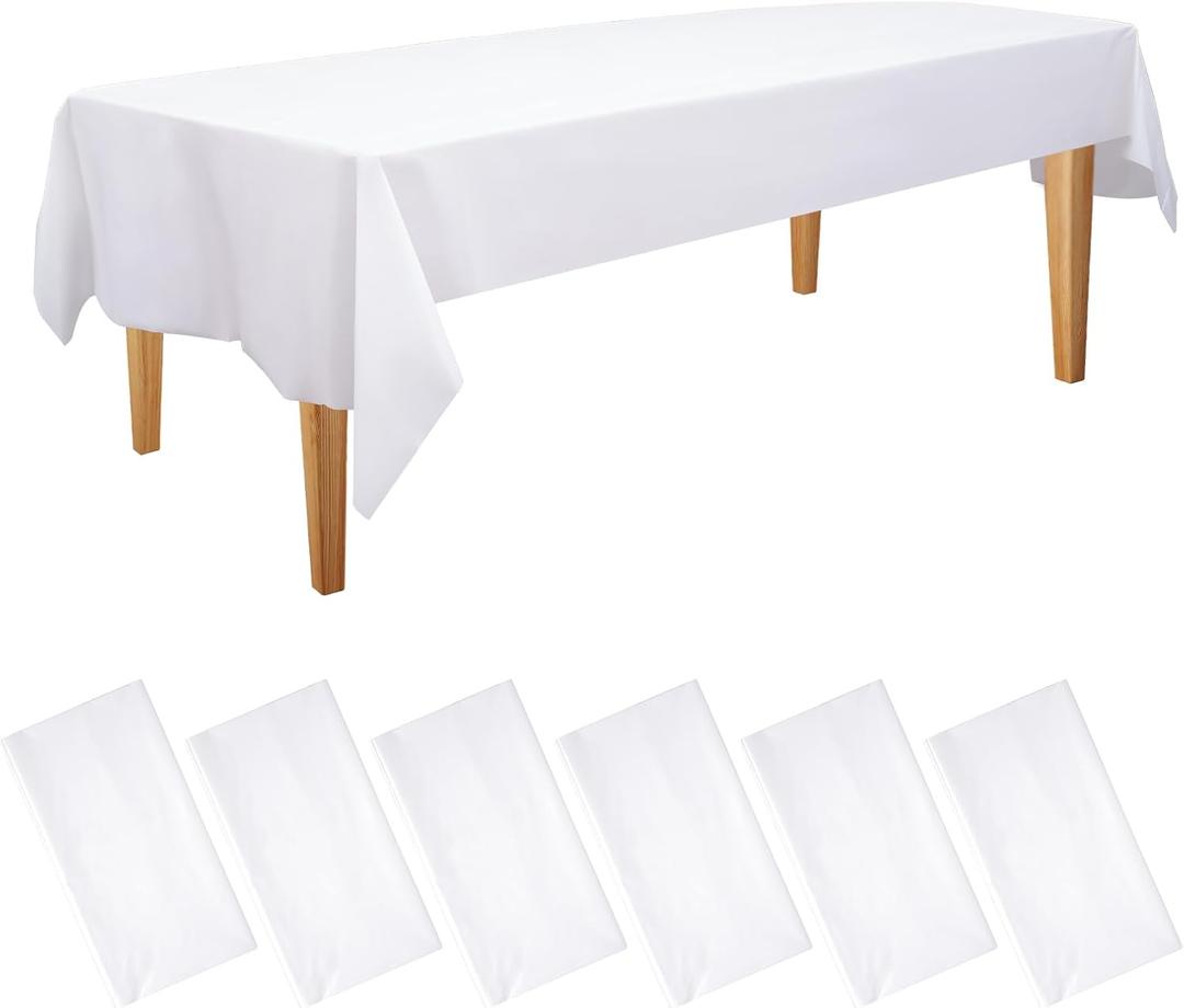 Amatra 6-Pack Plastic Table Cloth Disposable 54" x 108" - Premium White Plastic Tablecloths for Rectangle Tables - Waterproof 140g Extra Thick Plastic Table Covers for Picnics, Indoor & Outdoor Events