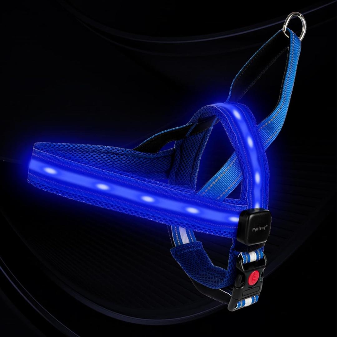 PetIsay LED Light Up Dog Harness - USB-C Rechargeable, IPX7 Waterproof, Reflective, No Pull Dog Vest with Soft Padded Handle for Night Walking(Blue, Large)