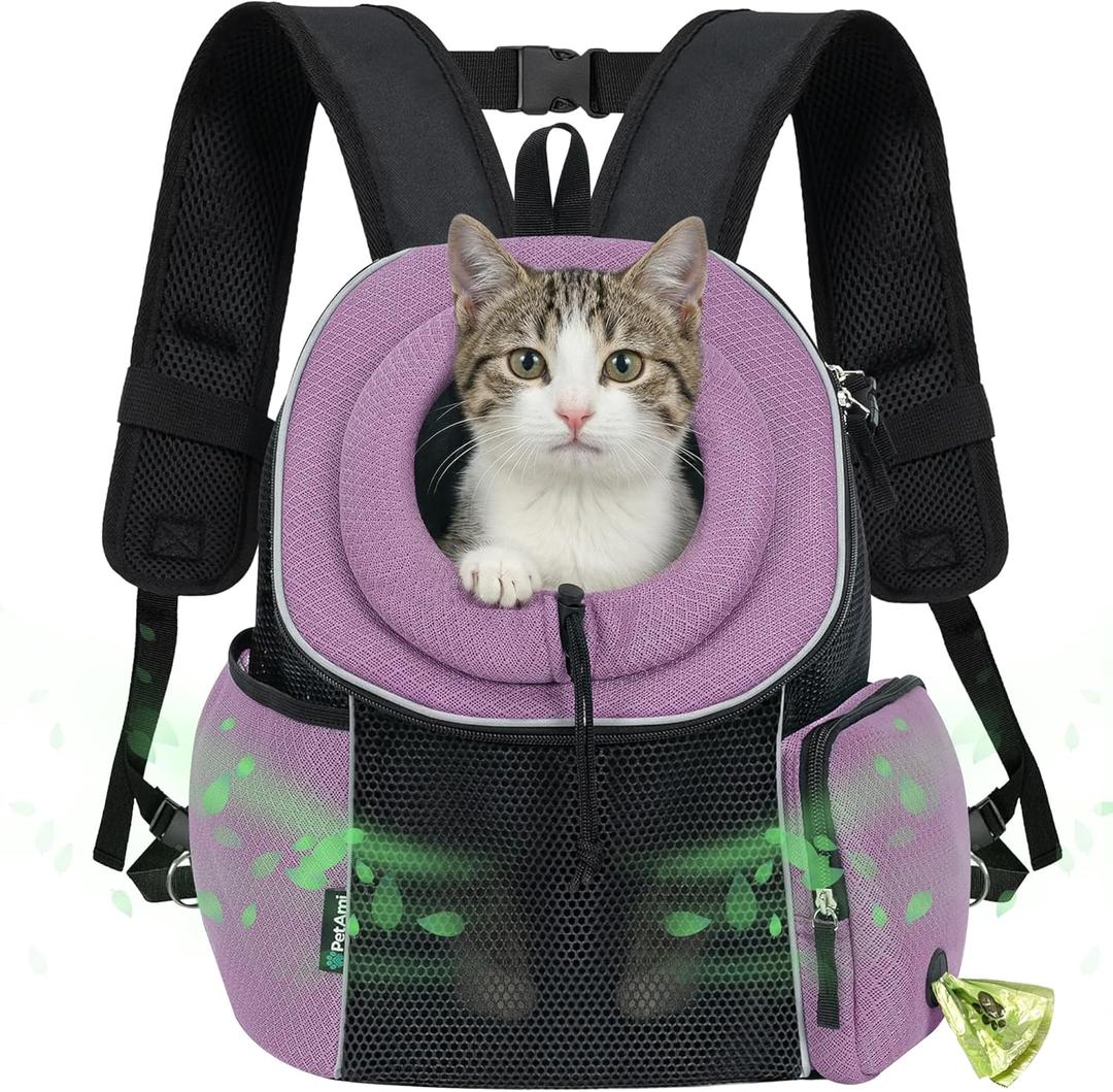 PetAmi Adjustable Cat & Dog Front Chest Carrier Backpack, Ventilated for Hiking & Camping, Max 10 lbs, Purple (Medium (15.5x9x15.5))