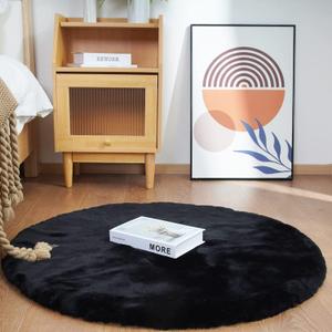 Ghouse Faux Rabbit Fur Round Rug 3ft Black Round Rugs for Bedroom Decor Fluffy Area Rugs for Living Room, no-Shedding Carpet Sheepskin Washable Rug Rome Decor