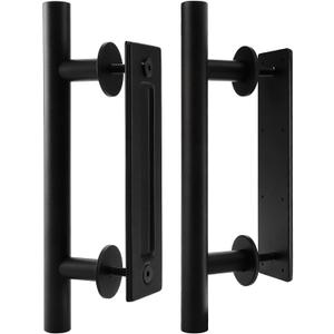 Peohud 2 Pack Sliding Barn Door Handle, Carbon Steel Pull and Flush Hardware Set, 12 Inch Heavy Duty Rustic Two-Side Design Door Hardware Set for Barn, Bedroom, Gate, Cabinet