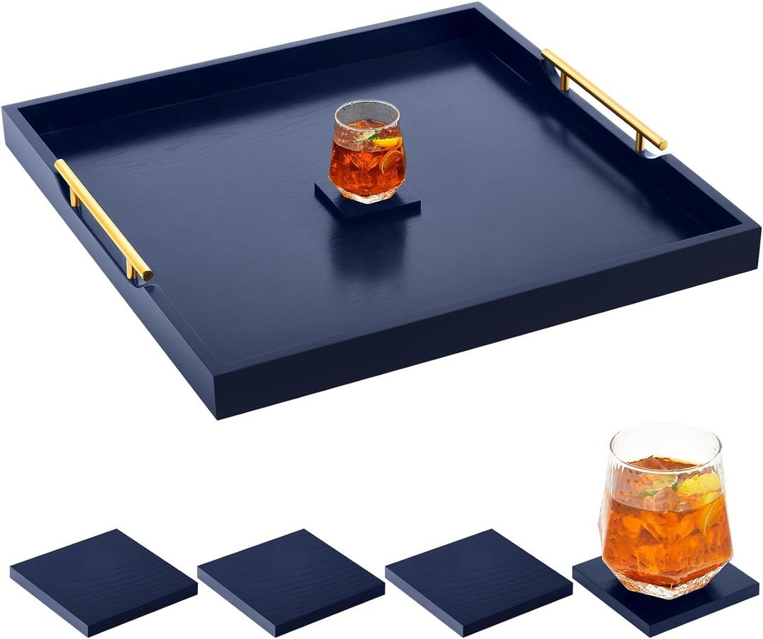 Large Square Ottoman Tray 24 x 24 x 2 Inch Wood Serving Tray with 4 Coasters and Metal Handles for Food Coffee Tea Table Sofa Living Room Home Housewarming Gift (Blue)
