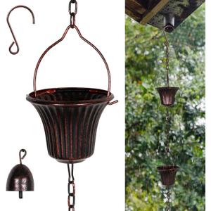 Invech Adjustable Rain Chains for Gutters, 12.5FT Outside Rain Chains with 12 Cups, Bronze Rain Catcher Chain with Bell for Eaves Drainage, Replacement for Downpout