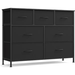 SONGMICS Dresser for Bedroom, Chest of Drawers, TV Stand, Steel, MDF, 7 Non-Woven Fabric Drawers, Storage Organizer Unit, Closet, Entryway, Ink Black and Ebony Black ULGS323B01S