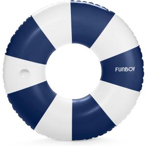 FUNBOY Giant Vintage Stripe Inflatable Tube Pool Float with Cup Holder 48" Large Pool Float for Adults Inner Tube Swimming Pool Toys Swim Rings Pool Lounger Float for Pool Party & Summer (Navy Blue)
