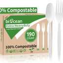 Extra Heavyduty Compostable Cutlery Set - 190 Count Large Disposable Utensils No Plastic Forks Spoons Knives Biodegradable Fork Eco Friendly Silverware for Party, BBQ, Daily Use, Events, Picnic