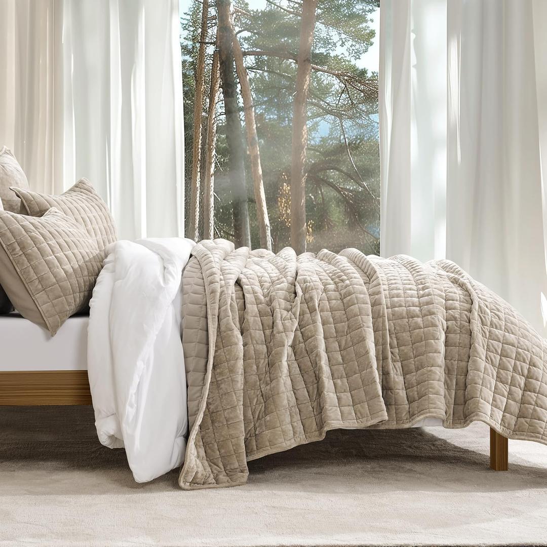 RECYCO Channel Box Stitch Velvet Quilt Set, Twin/Twin XL Size, Urban Taupe | Ultra Soft Lightweight Velvet Comforter, Luxury Oversized Bedspread Coverlet, Quilted Bedding Set for All Season with 1 Sham