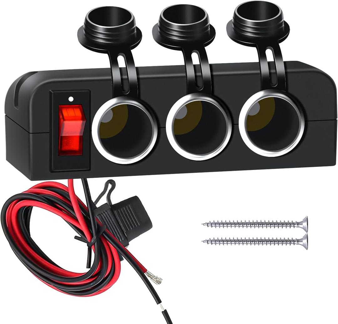 12V Power Outlet 3 Socket Cigarette Lighter Splitter, Multiport Cigarette Lighter Socket Car Charger Adapter with Switch, Waterproof 12 Volt Outlet for Marine Boat Truck ATV RV