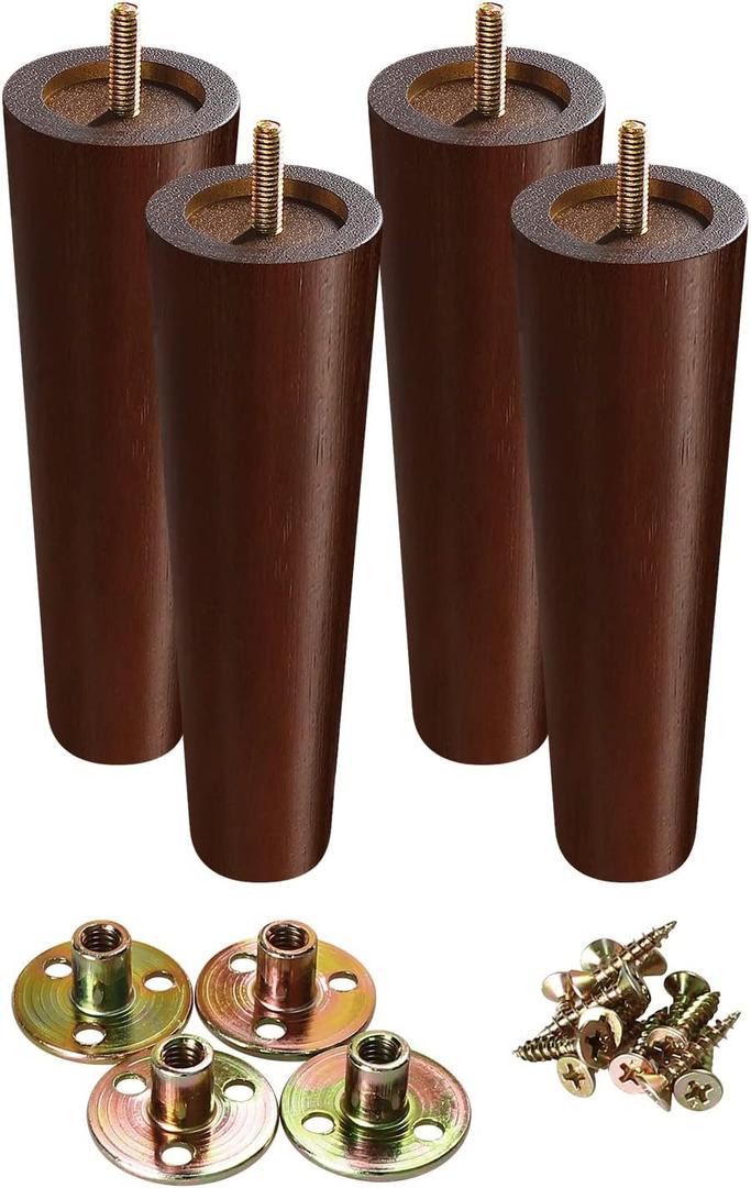 8 Inch Wood Furniture Legs Sofa Legs Set of 4, Brown Wooden Furniture Feet Couch Legs, Mid Century Modern Dresser Replacement Feet for Chair Cabinet Armchair Table Or Home DIY Projects Bun Feet