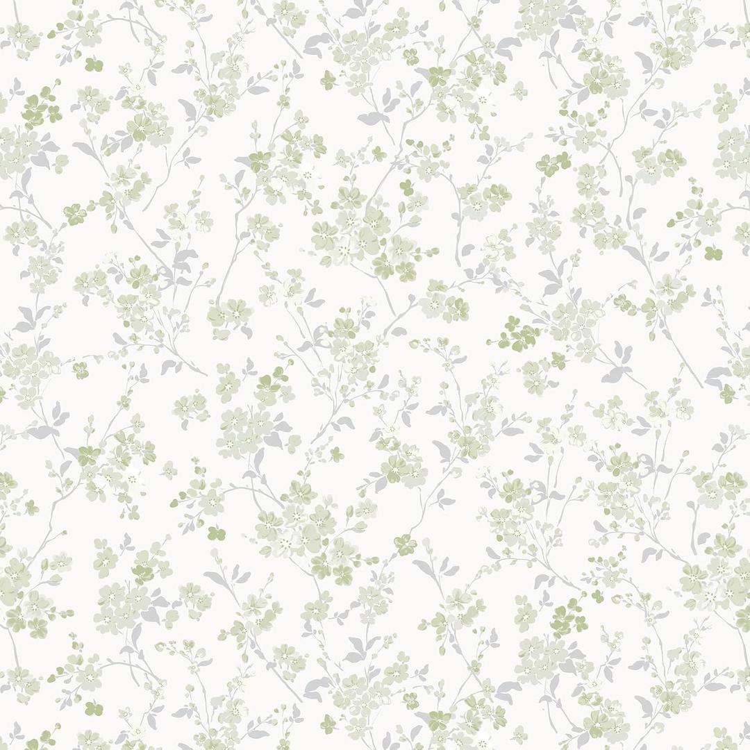 Peel and Stick Wallpaper for Nursery Green Cherry Blossom Waterproof
393"×17.3" Green Floral Watercolor Wallpaper Gentle Accent Wall Decor with Grid Lines for Bedroom Vinyl Self-adhesive