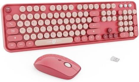 FD Wireless Keyboard and Mouse Combo | Cute Colorful Keyboard and Mouse with 2.4GHz Cordless Retro Typewriter Keyboard | Auto-Sleep | USB Receiver for Windows PC/Laptop - Pink Colorful