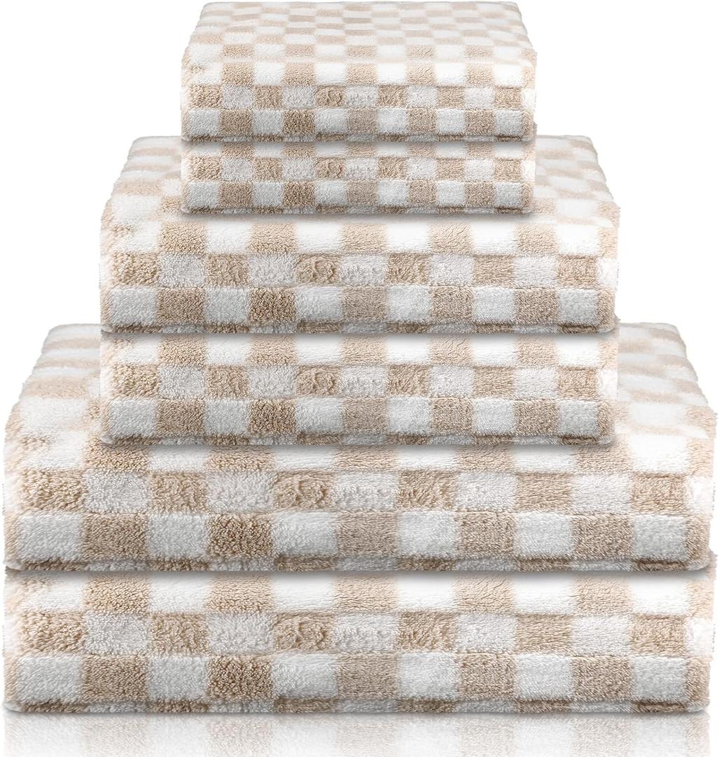 Kinlop 6 Pcs Checkered Bath Towels Set Lightweight Coral Washcloth Quick Dry Patterned Thin Coral Fleece Hand Towel for Bathroom Back to School Gym Spa Beach Accessory(Beige,Checkered)