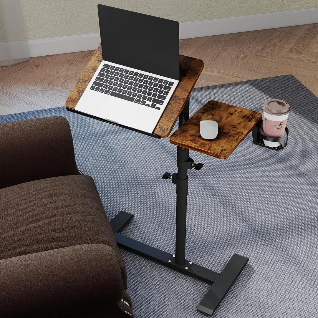 Rolling Table for Laptop Stand, Height and Angle Adjustable Over Bed Table with Wheels, Tilt-Top Laptop Desk for Couch with Cup Holder, Bed Table Tray for Eating (Rustic) (Rich)