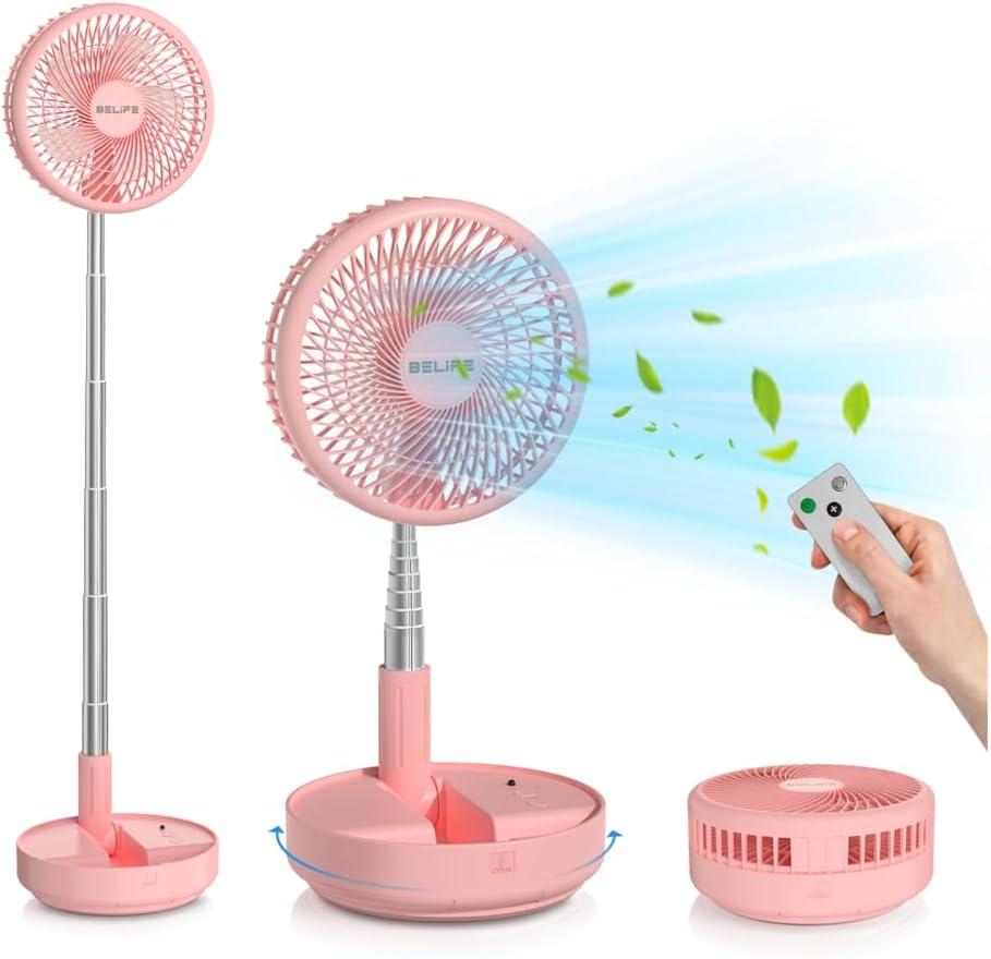 Belife X8 Portable Fan, 7200mAh Battery Powered Rechargeable, Oscillating USB Desk Floor Fan with Remote, Foldable Telescopic Fan for Home Bedroom Sleeping Office Camping Travel, 7.7" (Pink)