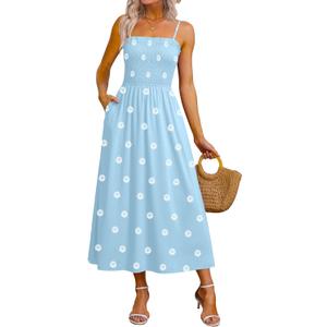 OFEEFAN Womens Spaghetti Strap Maxi Dresses Smocked with Pockets 2026 Summer Spring Casual Boho Beach Long Sundresses,Large