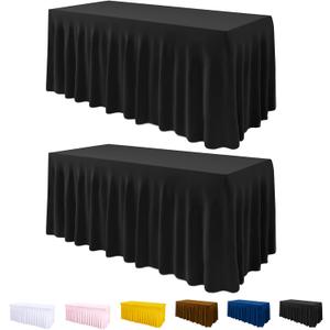 Black Spandex Table Cover 6FT 2Pack, Stretch Table Cloths with Table Skirts for Rectangle Tables, Wrinkle Resistant Stretchable Tablecloth with Skirt for Weddings, Parties, Vendors