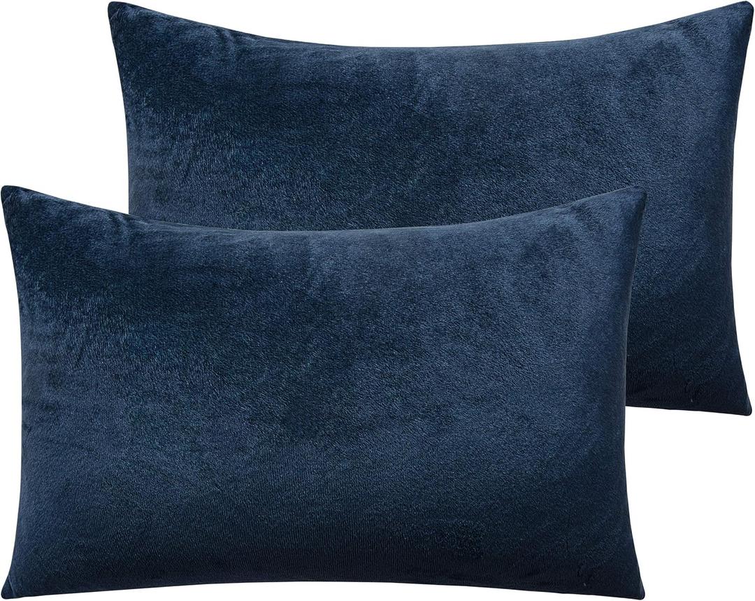 NTBAY 2 Pack Zippered Velvet Queen Pillowcases, Super Soft and Cozy Luxury Fuzzy Flannel Pillow Cases with Zipper, 20x30 Inches, Navy Blue