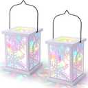 Honoson 2 Pcs Christmas Lanterns Decorative with LED String Lights Metal Hanging Xmas Vintage Lantern with Red Ribbon Berry for Indoor Outdoor Xmas Home Porch Party Decor(Snowflake)