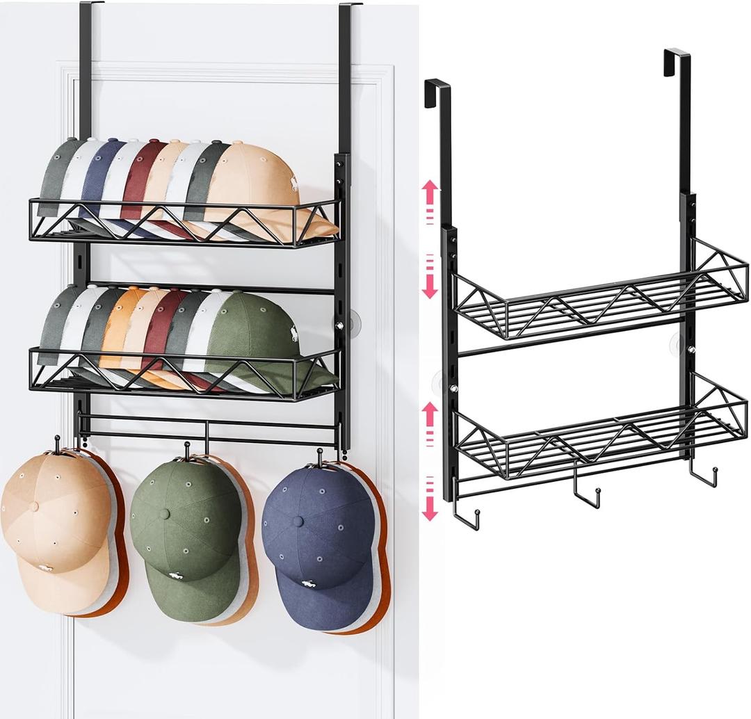SWTYMIKI Over Door Hat Organizer - 3 Tier Wall Mounted Hat Rack with 2 Adjustable Metal Basket and 3 Hooks, Hanging Baseball Cap Organizer Storage Holds up to 29 Caps for Door, Bedroom, Closet (black)