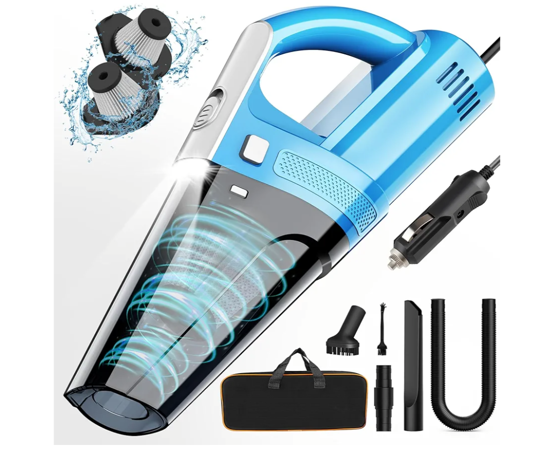 Car Vacuum, Portable Car Vacuum Cleaner with 7000PA Suction, DC 12V High Power 16.4Ft Cord Wired Vacuum Cleaner for Car, LED Light, Lightweight, 0.33L Capacity, Storage Bag - Blue
