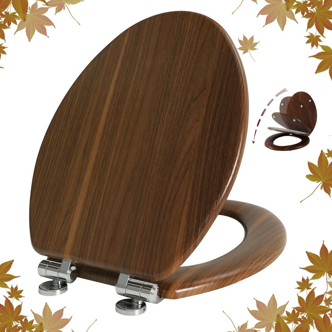 Elongated Toilet Seat Molded Wood Toilet Seat with Quietly Close and Quick Release Hinges, Easy to Install also Easy to Clean by Angol Shiold (Elongated, Walnut) (Soft Close)