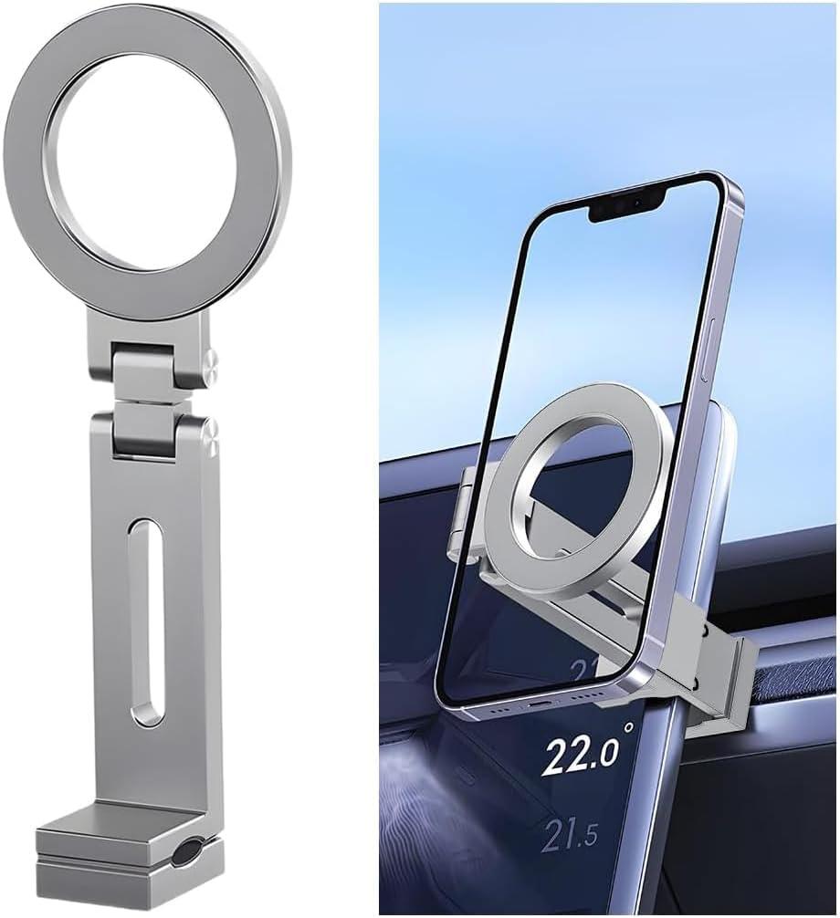 Car Phone Holder, 360 Rotatable Magnetic Hands-Free Vehicle Dashboard Cellphone Clamp Mount, Foldable Automotive Smartphone Holder for Travel, Universal for SUV, Truck, RV (Silver)
