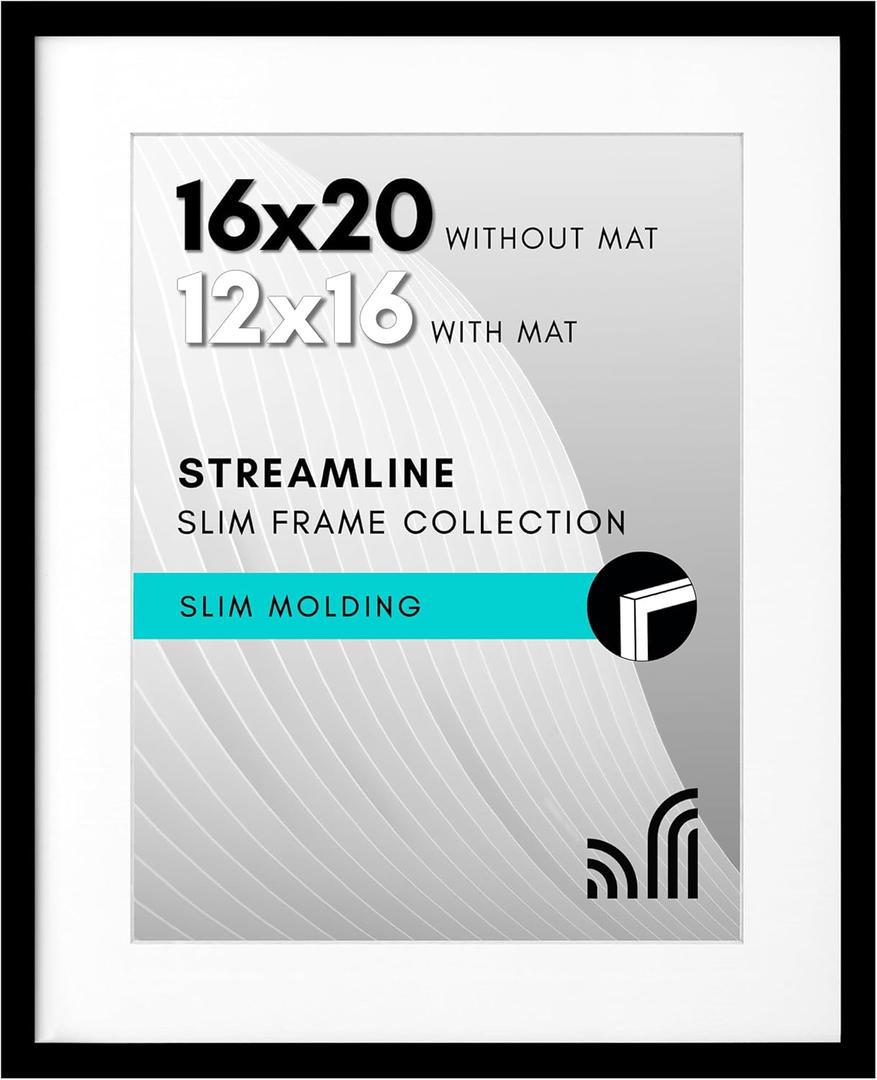 Americanflat 16x20 Picture Frame with Polished Plexiglass - Use as 12x16 Frame with Mat or Display 16x20 Photo Without Mat - Streamline Collection - Thin Border Picture Frames for Wall - Black