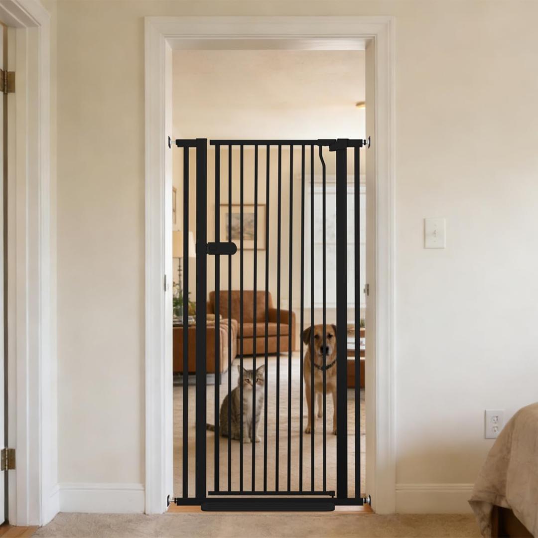 Lumizone Extra Tall Cat Gate 55.12" High Pressure Mounted 29.92"-34.24" Extra Wide 1.37" Gap No Drilling Auto-Close One-Handed Operation Tall Pet Gate for Dogs(Black, 55.12" H x 29.92"-34.24" W)
