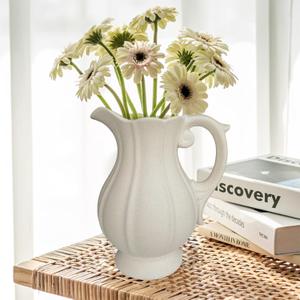 Large Rustic Ceramic Vase for Home Decor, Antique Textured Wide Mouth Farmhouse Clay Jug Pitcher Pottery Flower Vases with Handle for Aesthetic Gift (9''B)